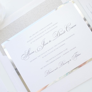 Classic Elegant Silver Wedding Invitation Set, Formal Traditional Invites, Classy, Black Tie Invitations with Glitter Belly Band - Deposit