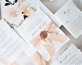 Peach and Gold Botanical Wedding Invitations, Deckled Edge, Blush and Gold, Silk Frayed Ribbon Invite Suite with Details and RSVP- Sample