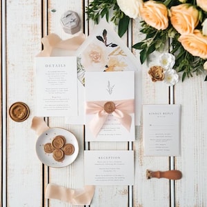 Botanical Monogram Wedding Invitation Suite: Floral Peach & Gold (Sample)