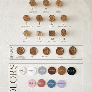 A display of wax seal designs and color selections. The image shows various shapes and colors, including circle, square, rectangle, flower, and oval. Colors include pearl, white, silver, bronze, gold, and black.