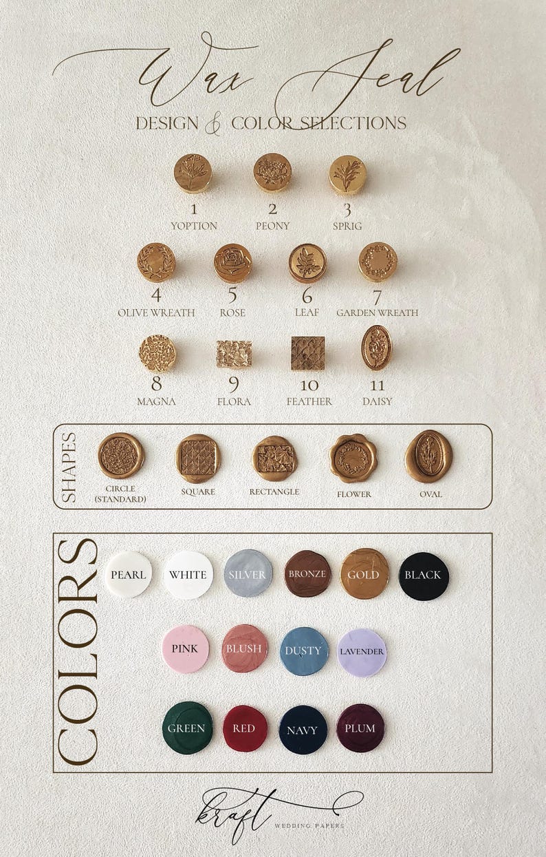 A display of wax seal designs and color selections. The image shows various shapes and colors, including circle, square, rectangle, flower, and oval. Colors include pearl, white, silver, bronze, gold, and black.
