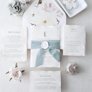 Deckle Edge Wedding Invitation Suite, Mint Wedding Invitations, Flower Envelope, Boho Style Invite, Letter Monogram, Wedding Invite -Deposit