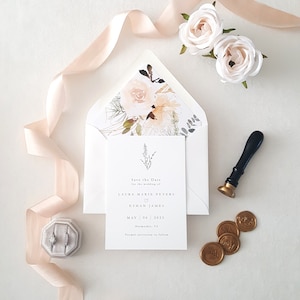 Champagne en gouden bloemen Save the Date-kaarten, botanisch monogram, elegante moderne bruiloft uitnodigen aangepast en gedrukt - AANBETALING