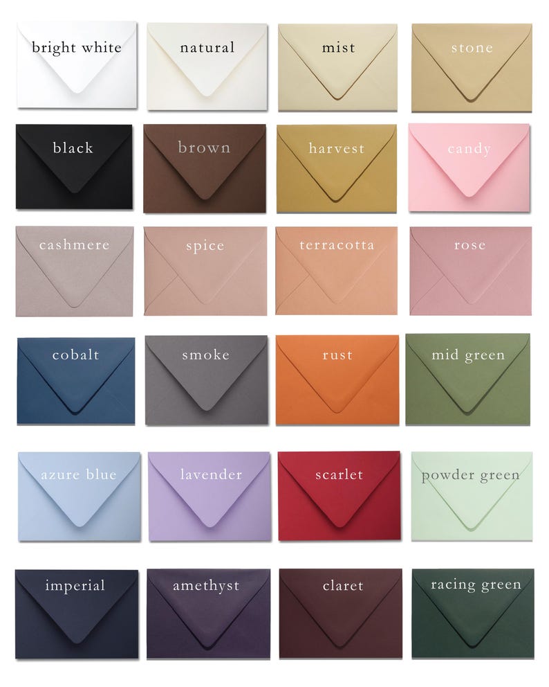 Puede incluir: Una colecci&oacute;n de sobres de colores, cada uno etiquetado con su nombre. Los tonos incluyen 'blanco brillante', 'negro', 'marr&oacute;n', 'rosa', 'cobalto', 'lavanda' y 'escarlata'. Los sobres est&aacute;n dispuestos en una cuadr&iacute;cula.
