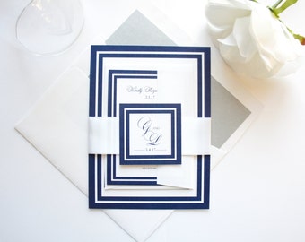 Navy and White Wedding Invitation Package, Timeless Navy Blue Invitations, Elegant Blue and Gray, Monogram Design- SAMPLE SET