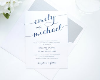 Printed Wedding Invitation with RSVP, Navy Blue Wedding Invitations, Blue Calligraphy Wedding Invitation - Deposit