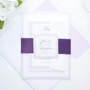 Elegant Script Plum Purple Wedding Invitation Package Response Reception Cards, Invite Bundle, Lilac Lavender Envelope Liners - SAMPLE SET