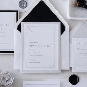 Formal Black Tie Wedding Invitation | Black White and Silver Glitter Silk Ribbon Tie Layered Card Elegant Luxury Wedding Invite - Deposit