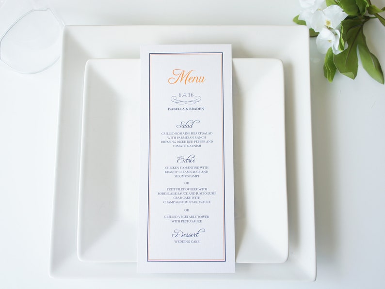 Orange and Navy Wedding Menus Printed Wedding Menus Wedding Menu Cards DEPOSIT Orange Wedding Menu