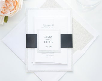 Black and Silver Glitter Wedding Invitation, Elegant Belly Band Invite Suite, Formal Invites - SAMPLE SET