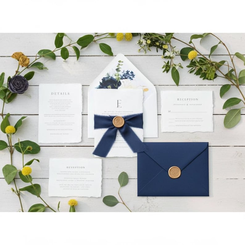 Elegant wedding invitation suite featuring a navy blue envelope with a gold wax seal, invitation cards, and a card with the word "DETAILS". The invitation is tied with a navy blue ribbon and a gold seal.