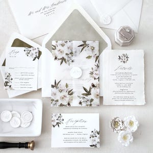 Elegant Wedding Invitation Suite, Printed Invitations Deckled Edge Handmade Paper, White Flower Botanical Invites Velvet Envelope-Deposit