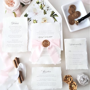 Elegant Pink and Gold Wedding Invitations, Classic Invite and RSVP, Blush, Deckle Paper Printing, Floral Envelopes, Blush Ribbon - Sample