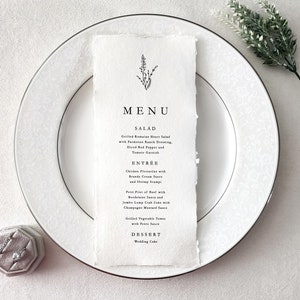 Botanical Monogram Deckle Edge Paper Wedding Menu Cards, Elegant Dinner Menus Handmade Paper Printing