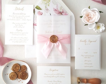 Luxury Blush and Gold Wedding Invitation, Pink Silk Ribbon and Wax Seal, Gold Calligraphy Script, Romantic Flower Invite Suite- Deposit