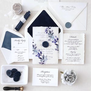 Navy Royal and Dusty Blue Calligraphy Script Invitations, Printed Vellum, Wax Seal, Watercolor, Bohemian, Flowers, Velvet Liners - Sample