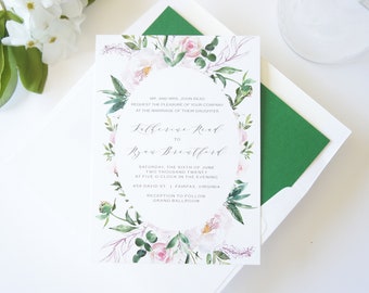 Printed Wedding Invitations, Pink and Green Wedding Invitations, Pink Wedding Invitation Set, Blush Pink Floral Wedding Invite - Deposit