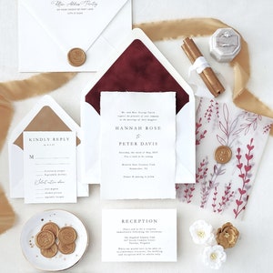 Elegant Red and Gold Velvet Wedding Invitations, Vellum Jacket and Wax Seal, Torn Edge Paper Rustic Invitations - Sample