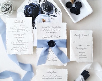 Navy and Sky Blue Deckle Edge Wedding Invitation Suite, Cotton Rag Paper, Torn Edges, Modern Calligraphy Script - Sample