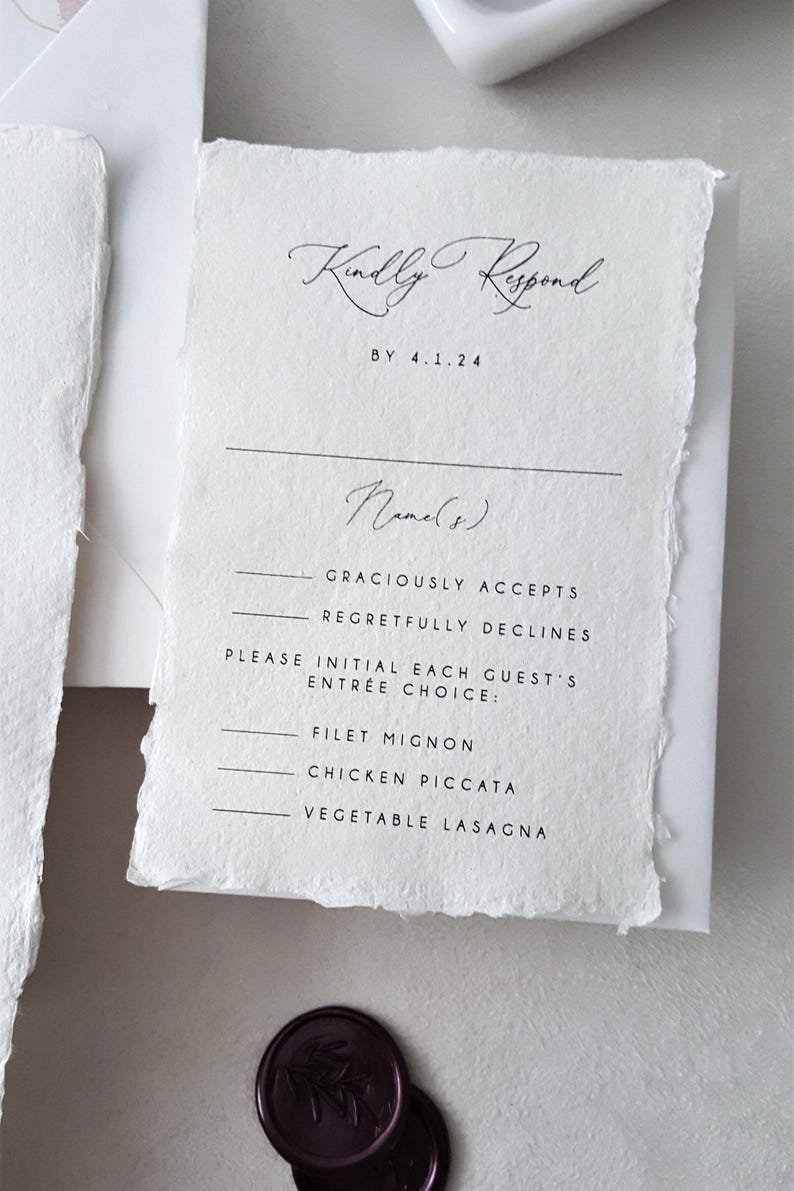 purple boho garden rustic wedding invitation, plum purple wax seal, lavender silk ribbon tie, handmade deckle edge paper, deckled edges torn edge papers, cotton rag papers, flower monogram wedding invitation, elegant classic wedding invitation suite