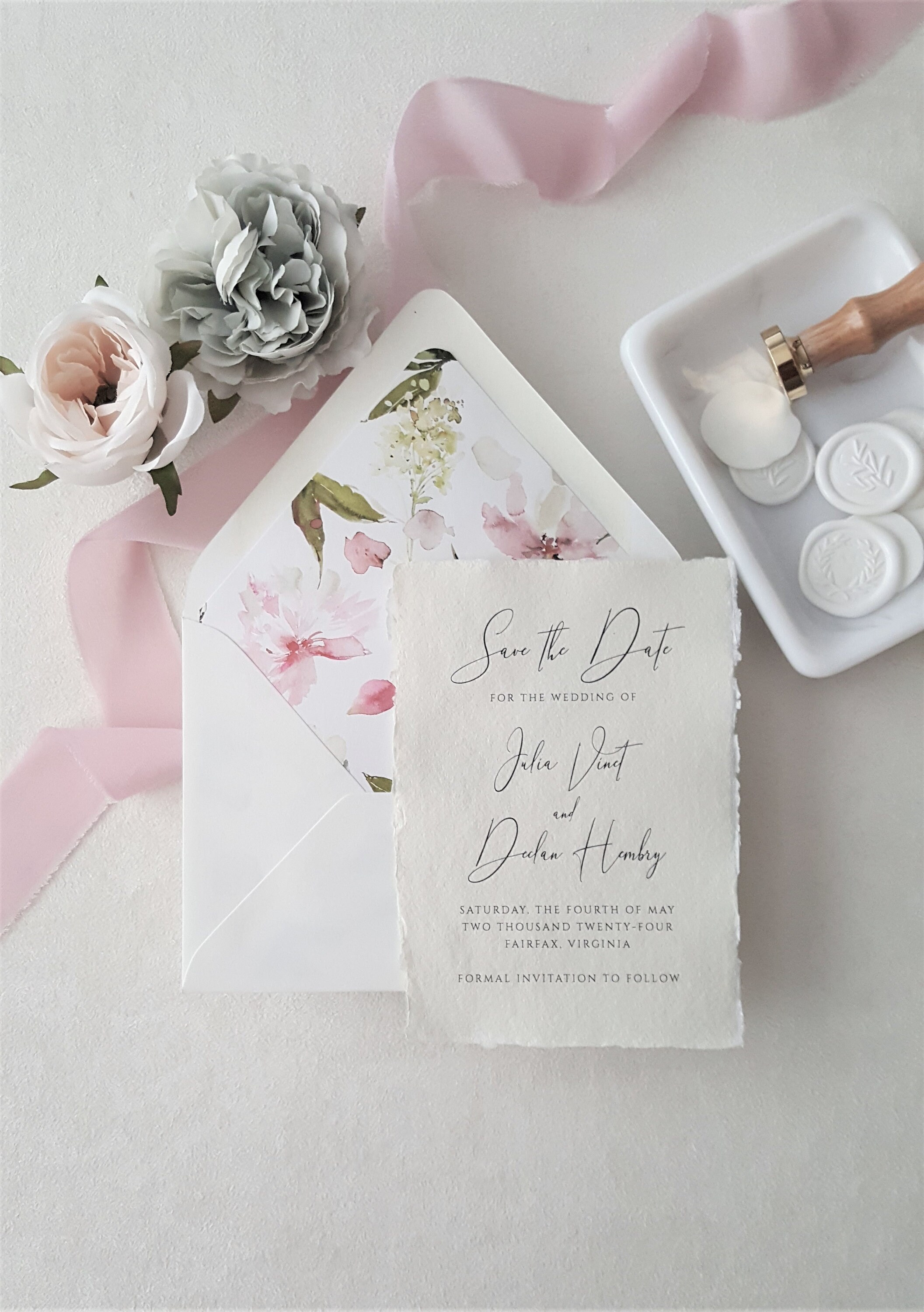 Deckle Edge Paper Save the Date Blush Pink Floral Save the Etsy
