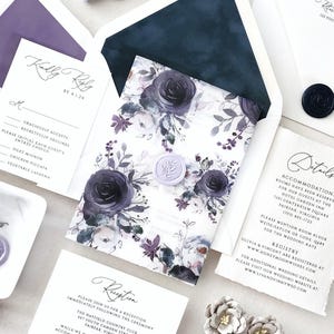 Navy and Purple Wedding Invitation with RSVP and Details, Deckle Edges, Wax Seal and Vellum Wrap, Lavender and Navy Blue- Deposit