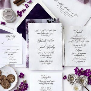 Calligraphy Purple Wedding Invitation Sample: Invite, Velvet Envelope, Rsvp and Details Card