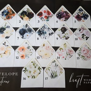 A collection of seventeen white envelopes with floral patterned linings. The envelopes are arranged in rows, showcasing various designs with flowers in shades of orange, blue, red, and purple. Text on the image reads "ENVELOPE options" and "kraft WEDDING PAPERS."