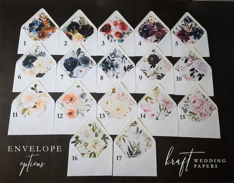 A collection of seventeen white envelopes with floral patterned linings. The envelopes are arranged in rows, showcasing various designs with flowers in shades of orange, blue, red, and purple. Text on the image reads "ENVELOPE options" and "kraft WEDDING PAPERS."