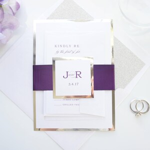 Purple and Silver Glitter Wedding Invitations, Luxury Wedding Invites, Printed Plum Ribbon Invitation Set with response card - Deposit
