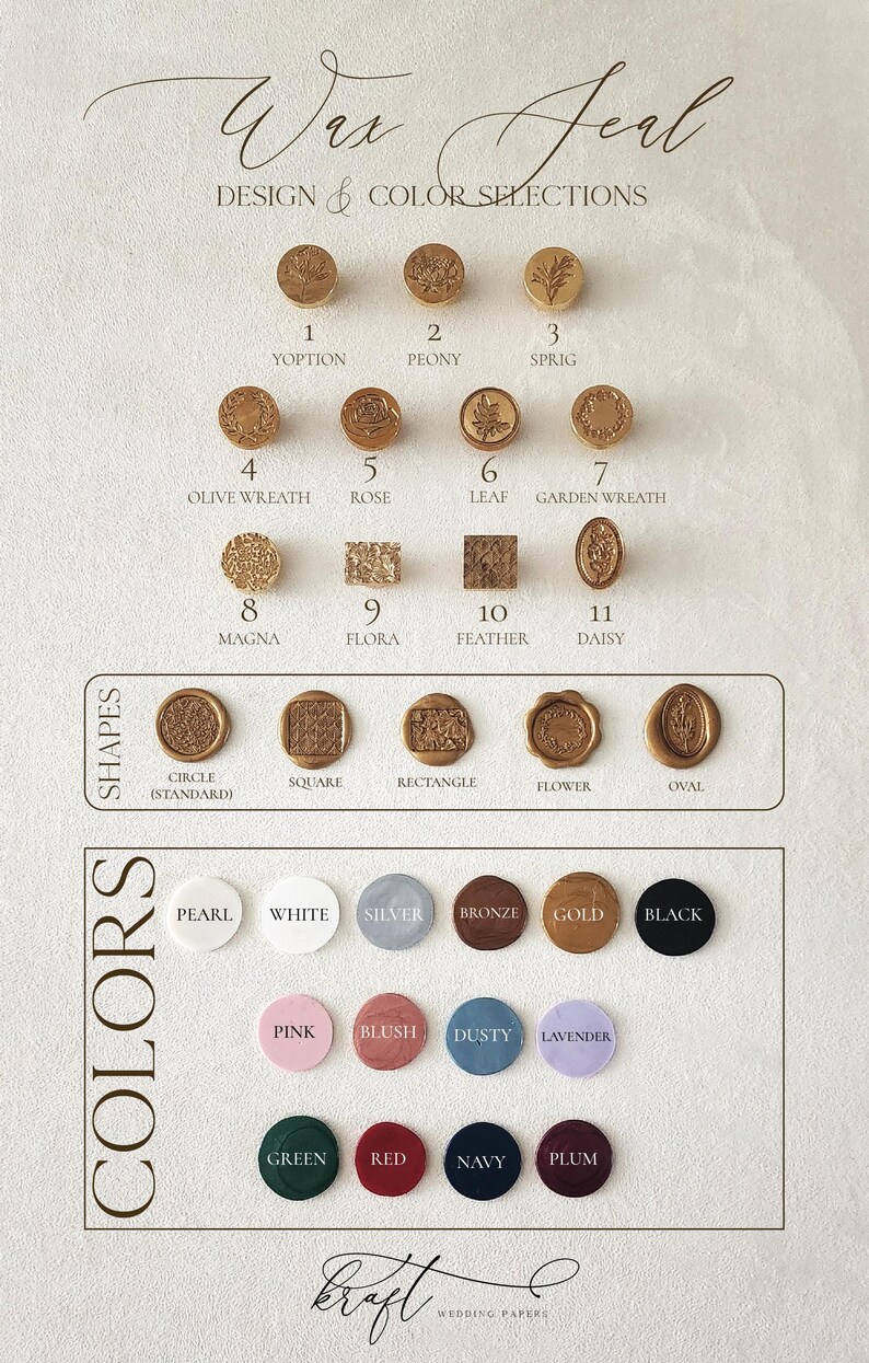 May include: A display of wax seal designs and color selections. The image shows various shapes and colors, including circle, square, rectangle, flower, and oval. Colors include pearl, white, silver, bronze, gold, and black.