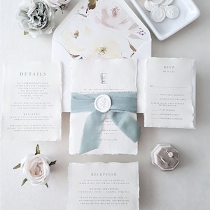 Customized Letter Monogram Wedding Invitation, Deckled Edge Paper, Blush and Green Flower Invite, Silk Frayed Ribbon Tie - Sample
