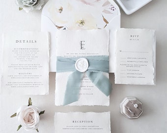 Customized Letter Monogram Wedding Invitation, Deckled Edge Paper, Blush and Green Flower Invite, Silk Frayed Ribbon Tie - Sample