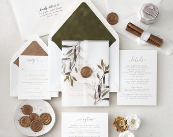 Greenery and Gold Wedding Invitation Suite, Olive Moss Green Wedding Invite Printed, Gold Ink Printed Vellum Jacket and Wax Seal  - Deposit