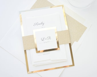 Gold Foil Paper Wedding Invitations, Glitter Invitation Suite, Classic Formal Elegant, Mirror Reflective Paper, Layered Invites- SAMPLE SET