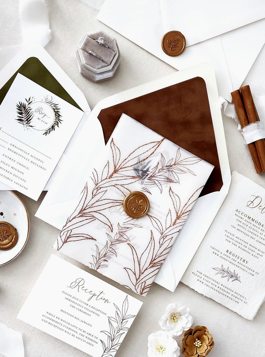 Wedding Invitation Sample Handmade Paper Deckled Edge Tropical Palm Wax ...
