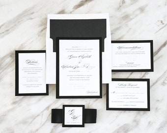 Black and White Wedding Invitation, Black Tie Wedding Invitations, Classy Elegant Formal Printed Wedding Invite Suite - Deposit