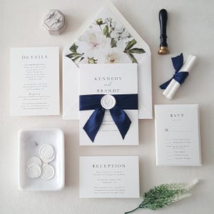 Navy Blue Botanical Wedding Invitation, Elegant Invites with ribbon, Floral Envelope, Wax Seal Invitations - Deposit