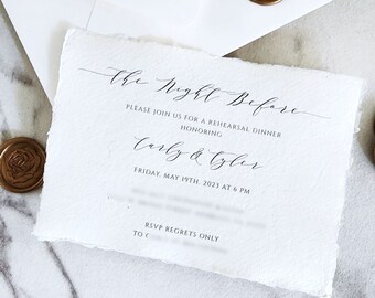 Printed Wedding Rehearsal Dinner Invitations, Deckle Edge Paper, Torn Edges Paper, Cotton Rag, Elegant Luxury Night Before Cards & Envelopes