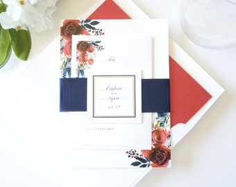 Floral Wedding Invitation Set, Red and Navy Flowers, Boho Wedding Invitation, Red Floral Wedding Invitation Suite - Deposit