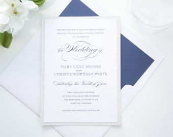 Navy Wedding Invitations, Elegant Blue and Silver Glitter Invites, Ribbon Belly Band - Deposit
