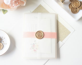 Printed Wedding Invitations Blush and Gold Watercolor Flower Vellum and Wax Seal Wedding Invitation Suite, Peach Ribbon Invitations - Sample