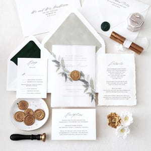 Elegant Greenery Deckled Paper Wedding Invitations, Simple Greenery Vellum Wrap Printed Handmade Paper Invite Suite with RSVP - Sample