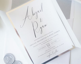 Printed Grey Vellum Jacket Wedding Invitation Package RSCP Reception Card Details, Silver Wax Stamp, Envelope Liners- Sample