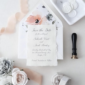 Tarjetas de boda hechas a mano con sobres, papel rasgado, papel de algodón, con motivos florales, color melocotón y verde, con sobres - DEPÓSITO