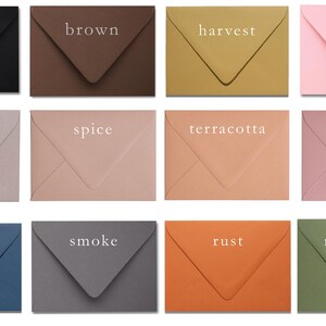 May include: A collection of colorful envelopes in various shades, including black, brown, harvest, and candy pink. Each envelope has a triangular flap and a label with its color name. Ideal for stationery and crafting.
