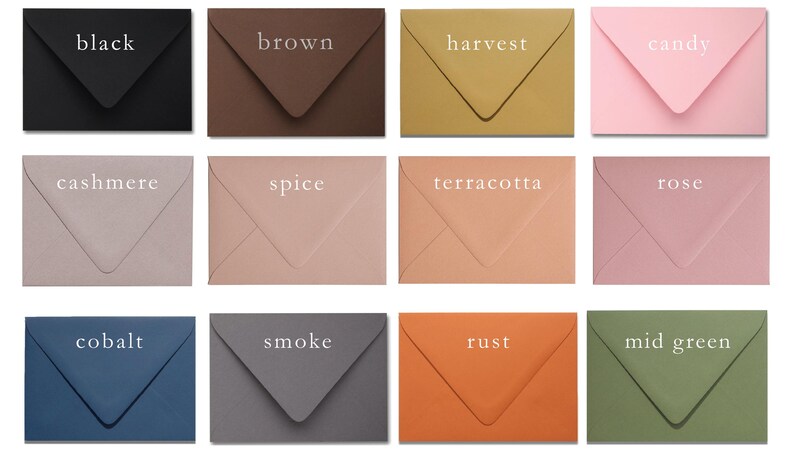 May include: A collection of colorful envelopes in various shades, including black, brown, harvest, and candy pink. Each envelope has a triangular flap and a label with its color name. Ideal for stationery and crafting.