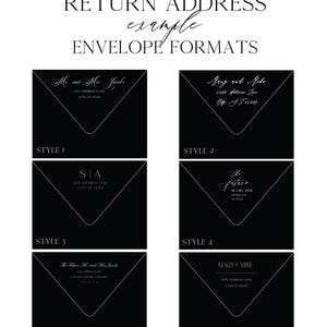 May include: Black envelope examples with white text, showcasing different return address formats.