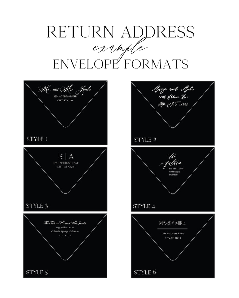 May include: Black envelope examples with white text, showcasing different return address formats.