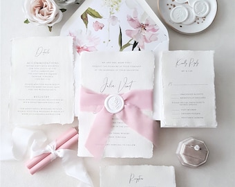 Pink and White Wax Seal Wedding Invitations, Blush and Green Invite Suite, Deckled Edge Paper, Cotton Rag, Frayed Silk Ribbon - Sample
